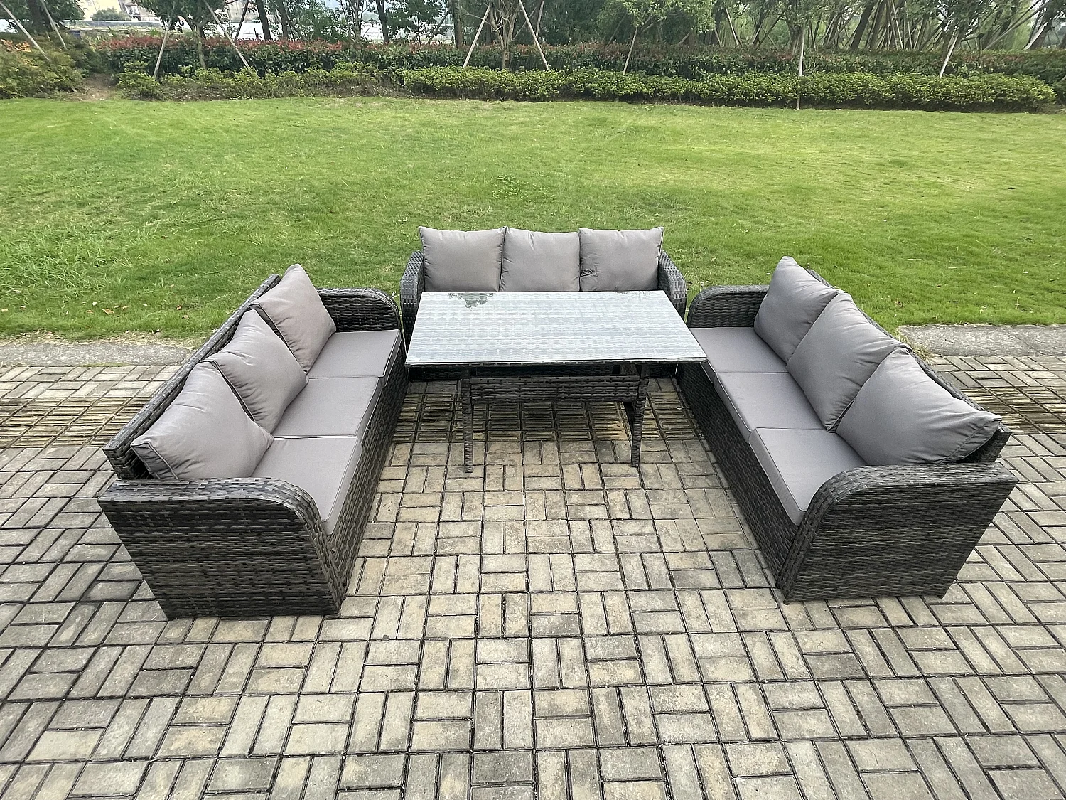 Fimous Patio Rattan Garden Furniture Set with Oblong Rectangular Dining Table 9 Seater Outdoor Lounge Sofa Set Dark Grey Mixed