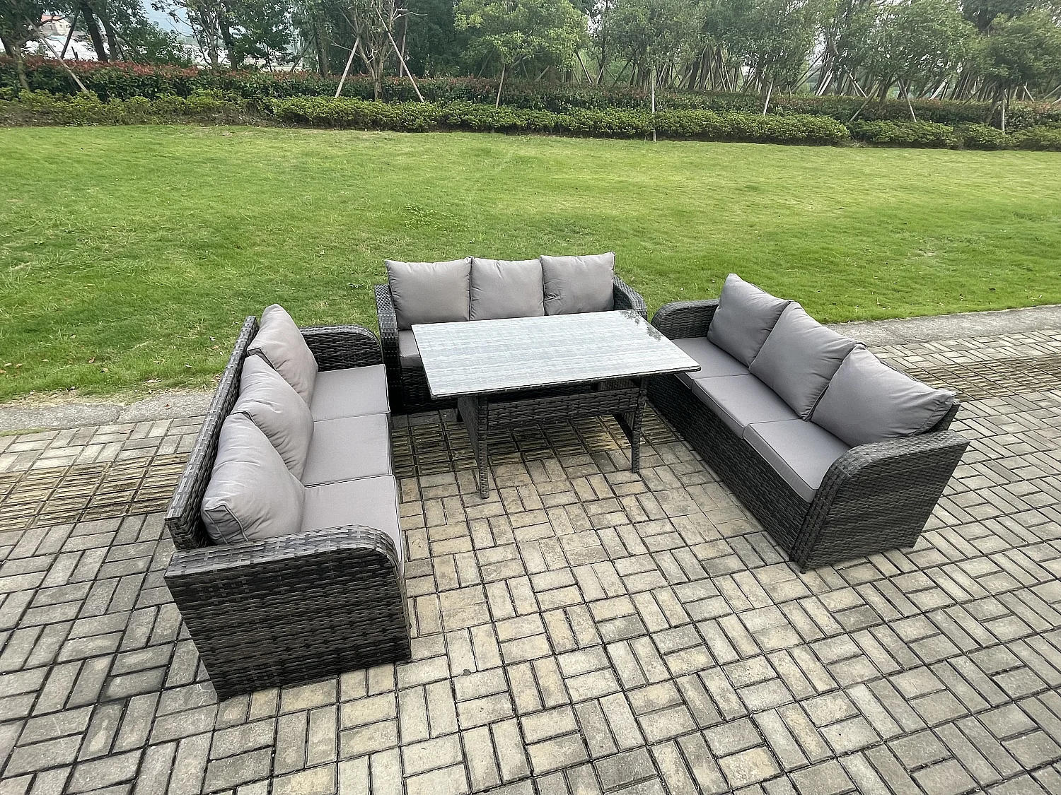 Fimous Patio Rattan Garden Furniture Set with Oblong Rectangular Dining Table 9 Seater Outdoor Lounge Sofa Set Dark Grey Mixed
