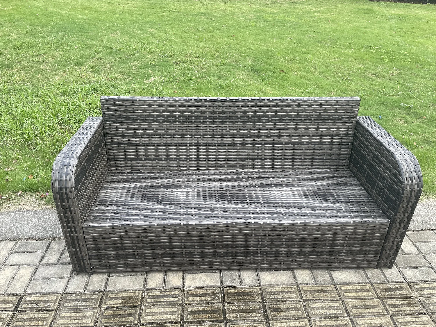 Fimous Patio Rattan Garden Furniture Set with Oblong Rectangular Dining Table 9 Seater Outdoor Lounge Sofa Set Dark Grey Mixed