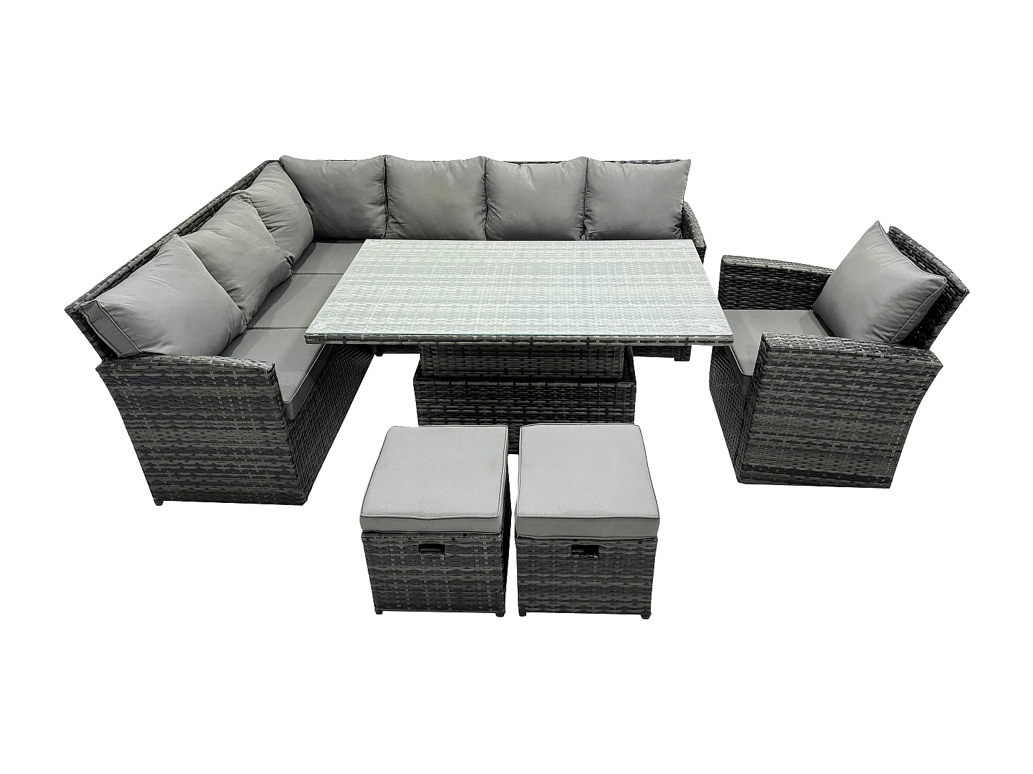 Fimous Wicker PE Outdoor Rattan Garden Furniture Set Height Adjustable Rising Lifting Table Sofa Dining Set with 2 Small Footstools Armchair Dark Grey Mixed