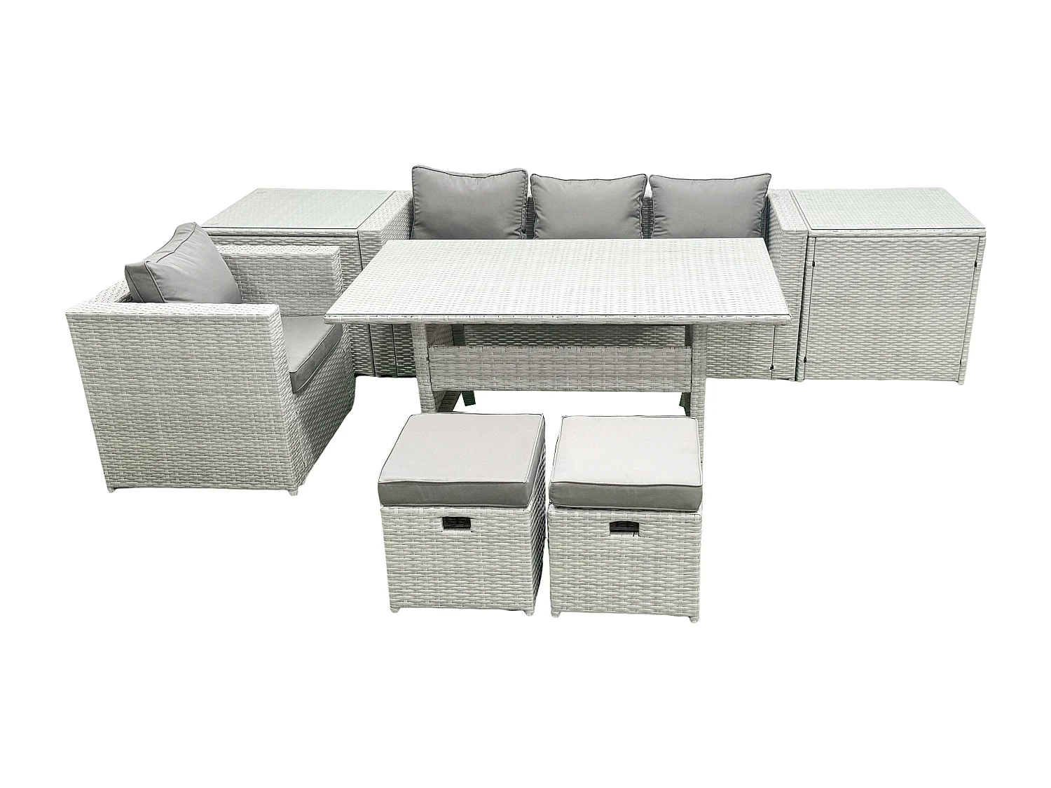 Rattan Gartenmöbel Essgarnitur 6 Sitzer Lounge Sofa Stuhl Esstisch Set mit 2 kleine Fußhockern 2 Beistelltischen Hellgrau gemischt