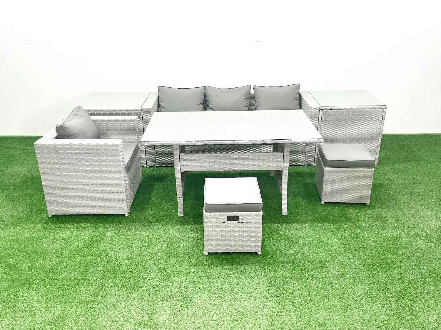 Rattan Gartenmöbel Essgarnitur 6 Sitzer Lounge Sofa Stuhl Esstisch Set mit 2 kleine Fußhockern 2 Beistelltischen Hellgrau gemischt