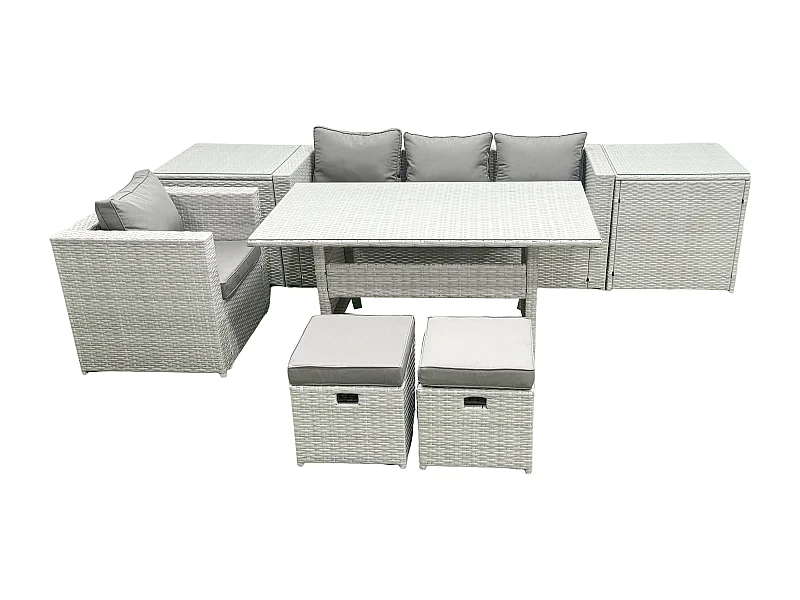 Rattan Gartenmöbel Essgarnitur 6 Sitzer Lounge Sofa Stuhl Esstisch Set mit 2 kleine Fußhockern 2 Beistelltischen Hellgrau gemischt