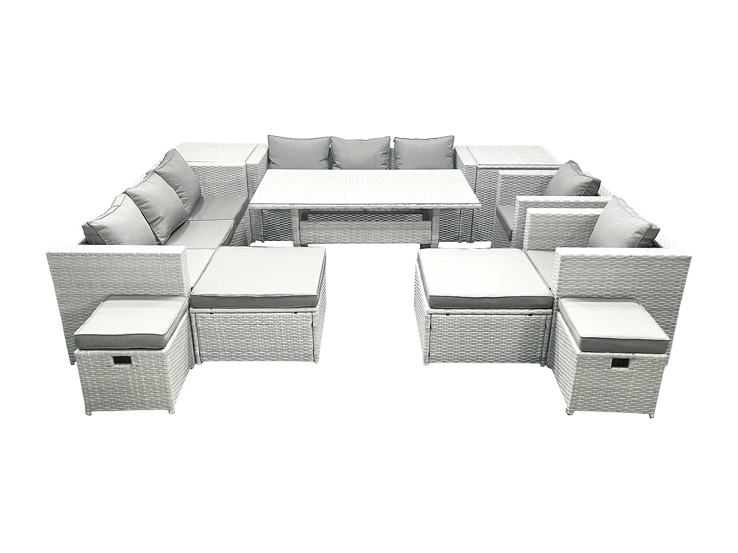 Fimous Rattan Garden Furniture Dining Set 12 Seater Lounge Sofa Chair Dining Table Set with 4 Footstools 2 Side Tables Light Grey Mixed