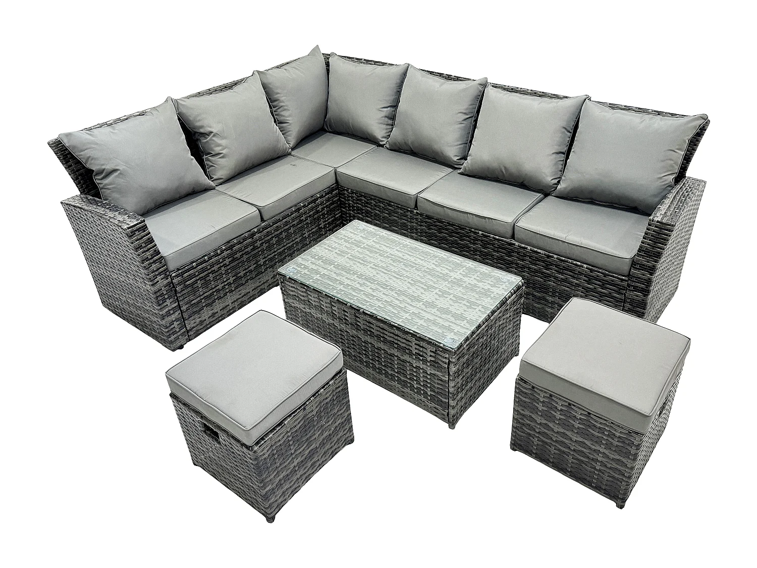 8 Sitzer Hoher Rücken Rattan Gartenmöbel-Set Ecksofa mit Länger Couchtisch Hocker