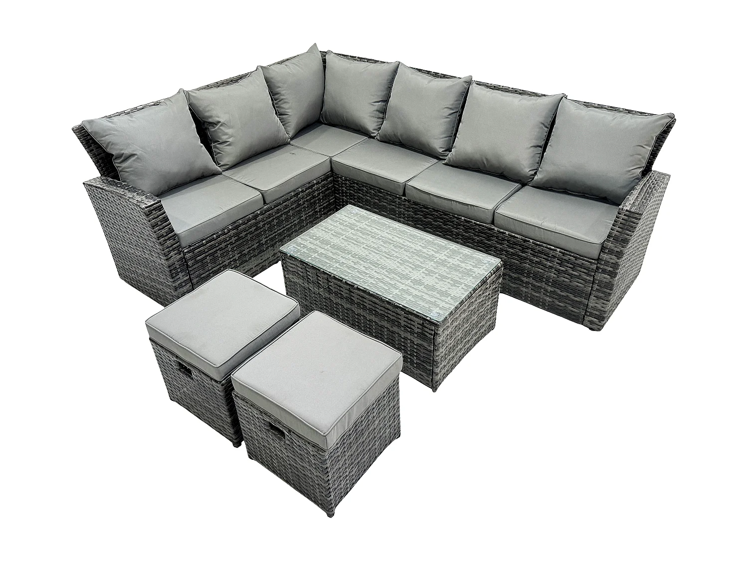 8 Sitzer Hoher Rücken Rattan Gartenmöbel-Set Ecksofa mit Länger Couchtisch Hocker