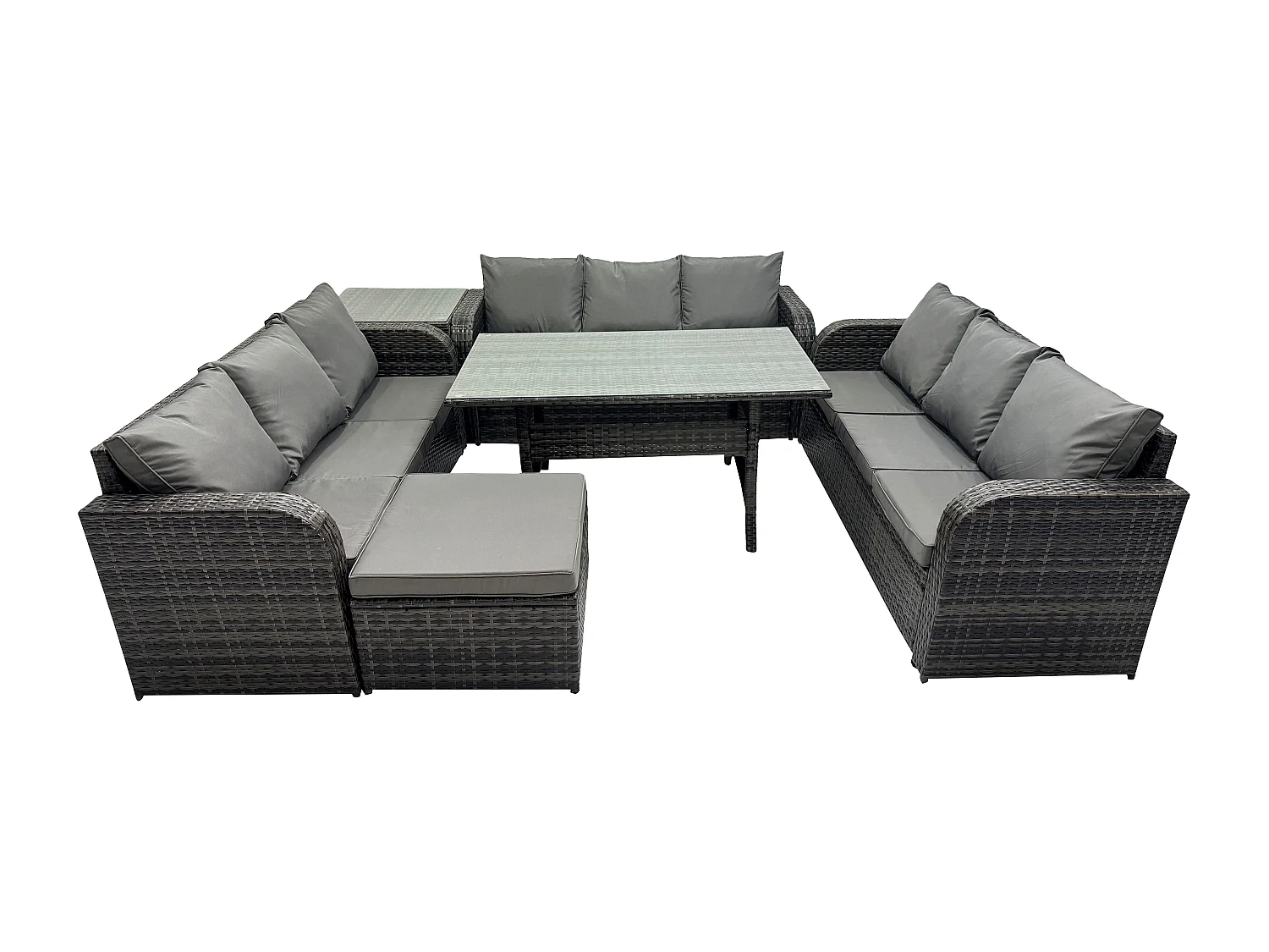 Fimous Patio Rattan Garden Furniture Set with Oblong Rectangular Dining Table Big Footstool Side Table 10 Seater Outdoor Lounge Sofa Set Dark Grey Mixed