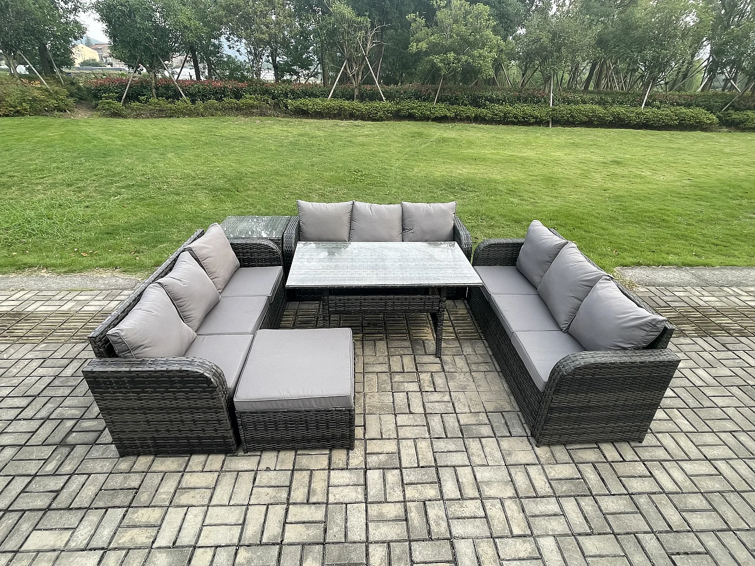 Fimous Patio Rattan Garden Furniture Set with Oblong Rectangular Dining Table Big Footstool Side Table 10 Seater Outdoor Lounge Sofa Set Dark Grey Mixed