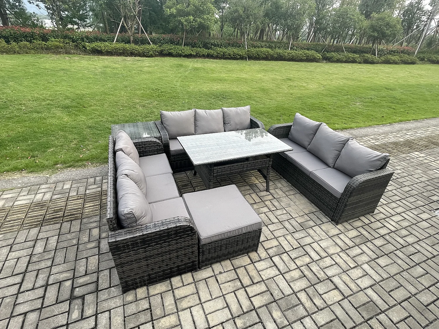 Fimous Patio Rattan Garden Furniture Set with Oblong Rectangular Dining Table Big Footstool Side Table 10 Seater Outdoor Lounge Sofa Set Dark Grey Mixed