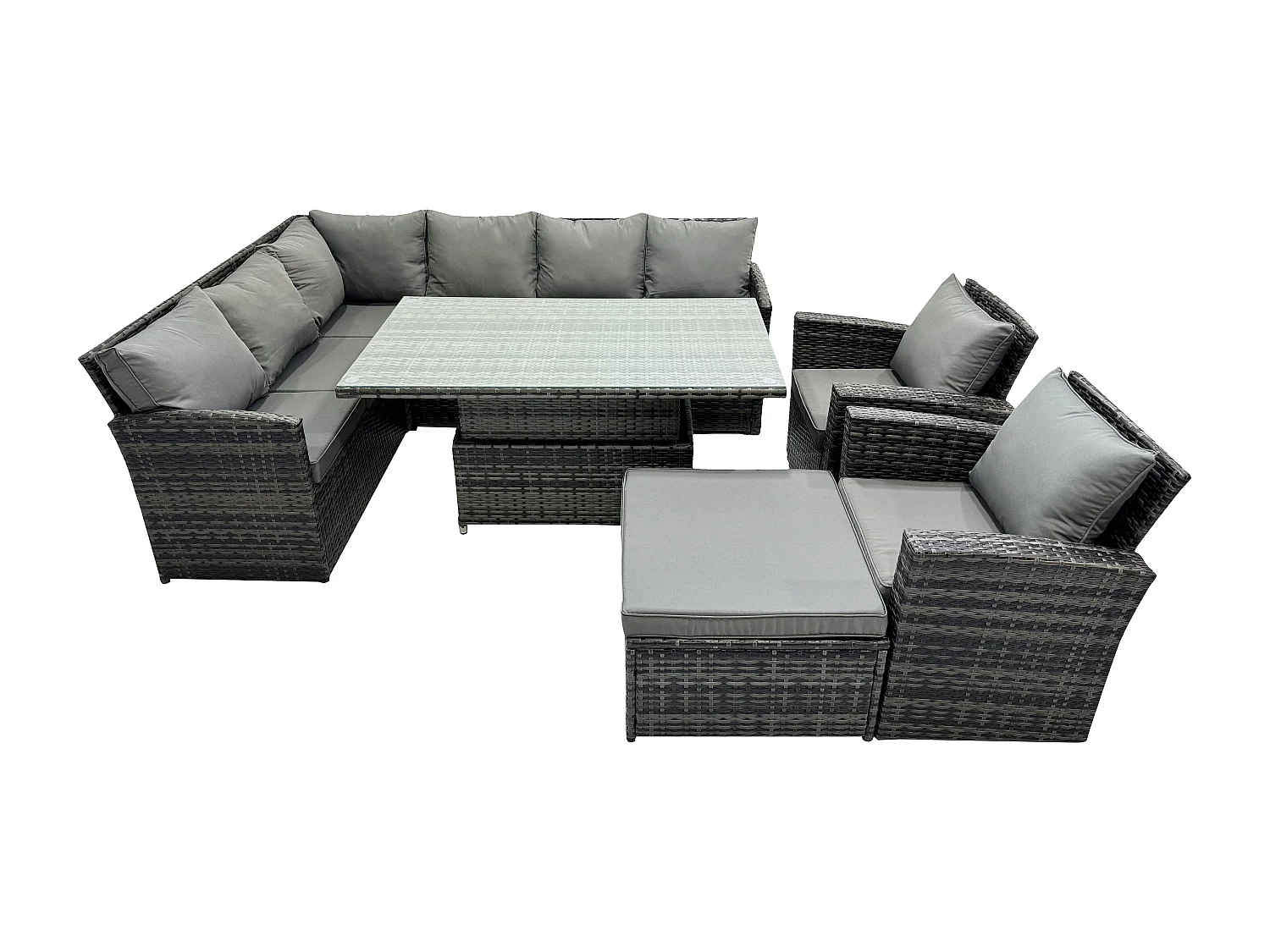 Fimous Outdoor Garden Furniture Set Wicker PE Rattan Height Adjustable Rising Lifting Table Sofa Dining Set with Big Footstool 2 Armchairs Dark Grey Mixed