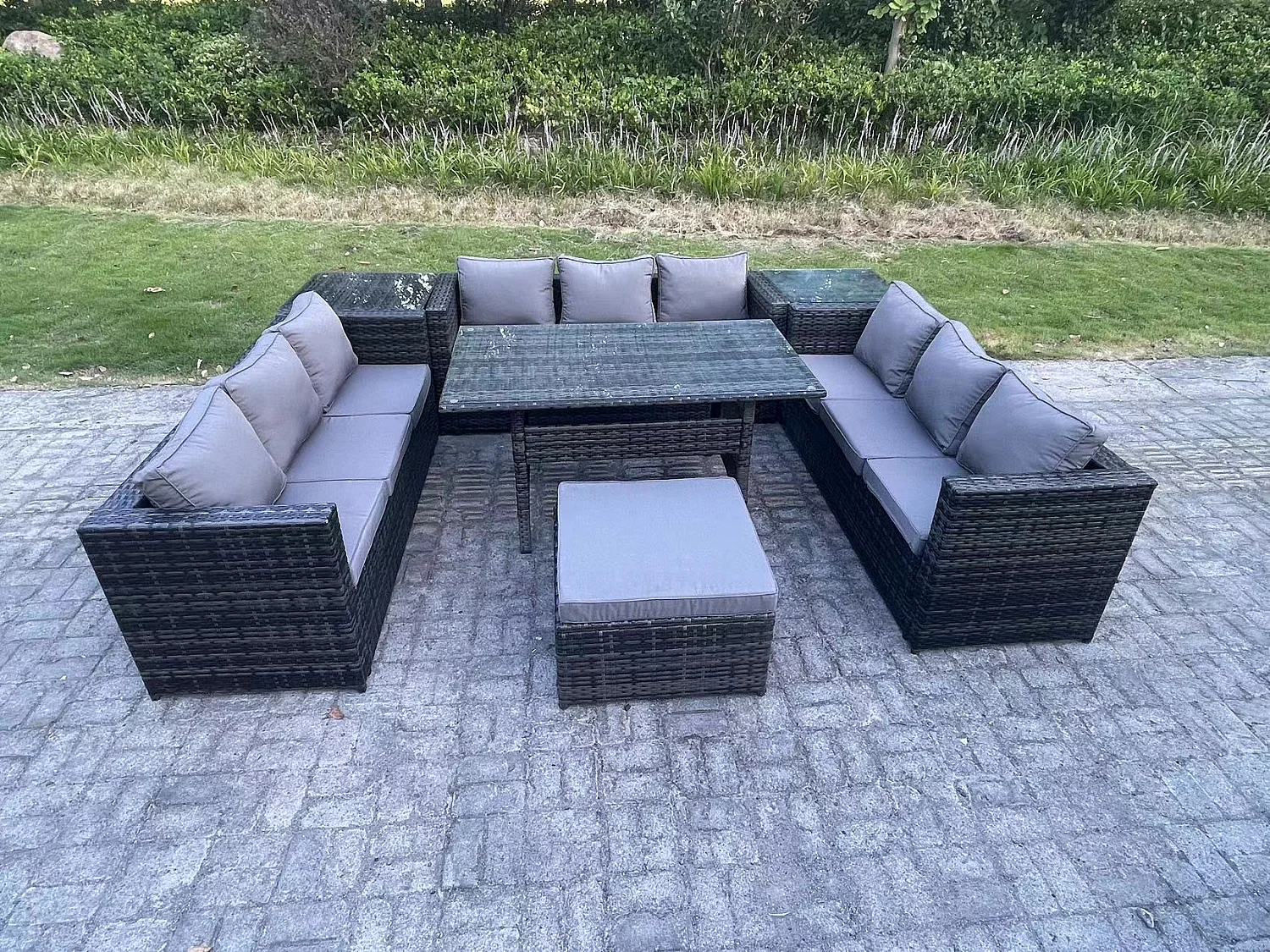 Fimous Outdoor PE Wicker Garden Furniture Rattan Lounge Sofa Set Patio Rectangular Dining Table with Big Footstool 2 Side Table 10 Seater Dark Grey Mixed