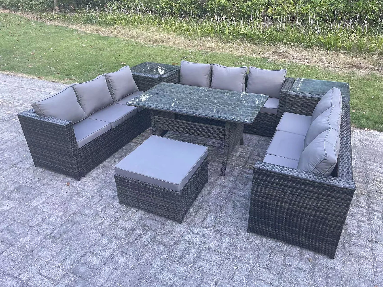 Fimous Outdoor PE Wicker Garden Furniture Rattan Lounge Sofa Set Patio Rectangular Dining Table with Big Footstool 2 Side Table 10 Seater Dark Grey Mixed