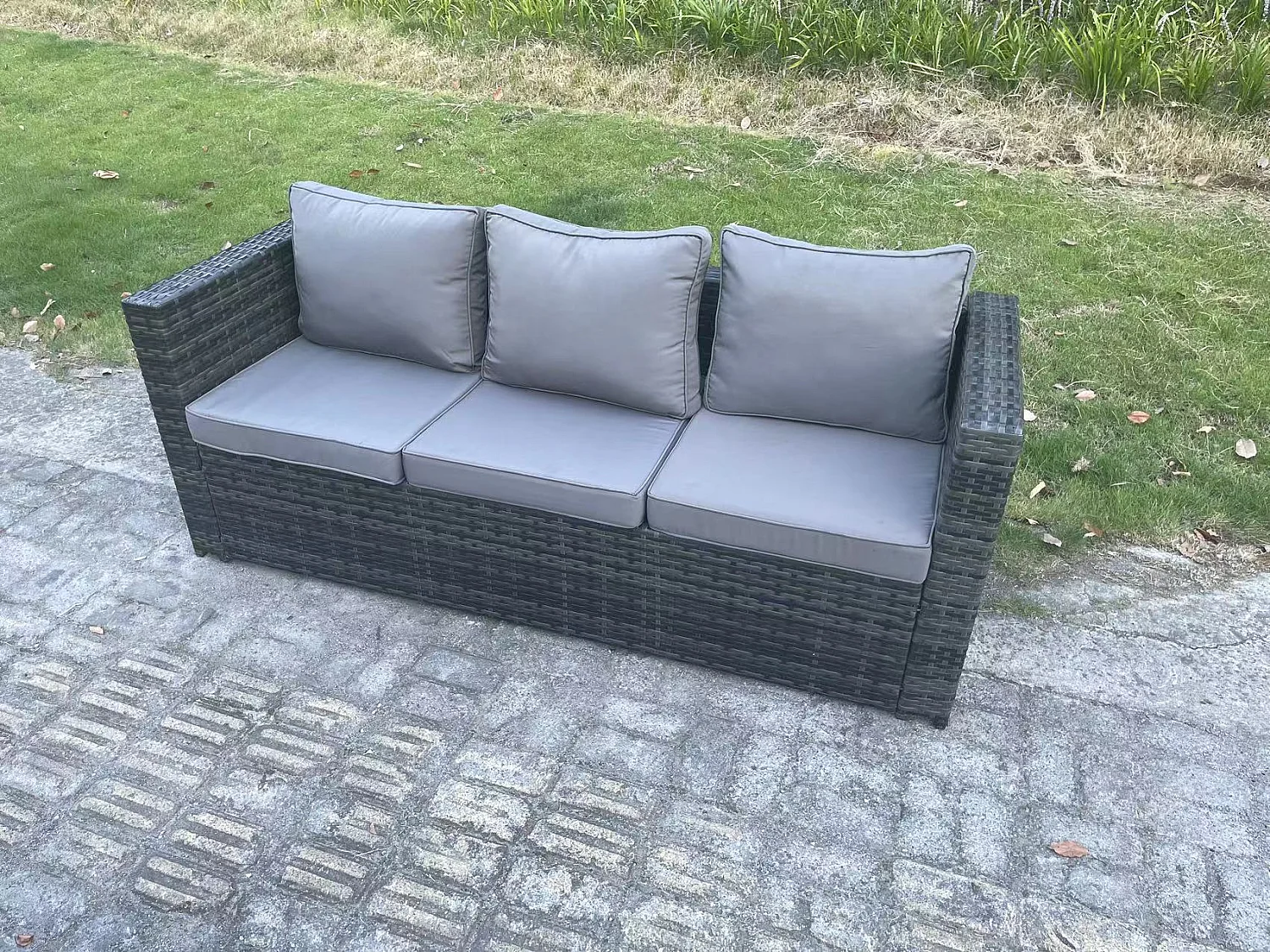 Fimous Outdoor PE Wicker Garden Furniture Rattan Lounge Sofa Set Patio Rectangular Dining Table with Big Footstool 2 Side Table 10 Seater Dark Grey Mixed
