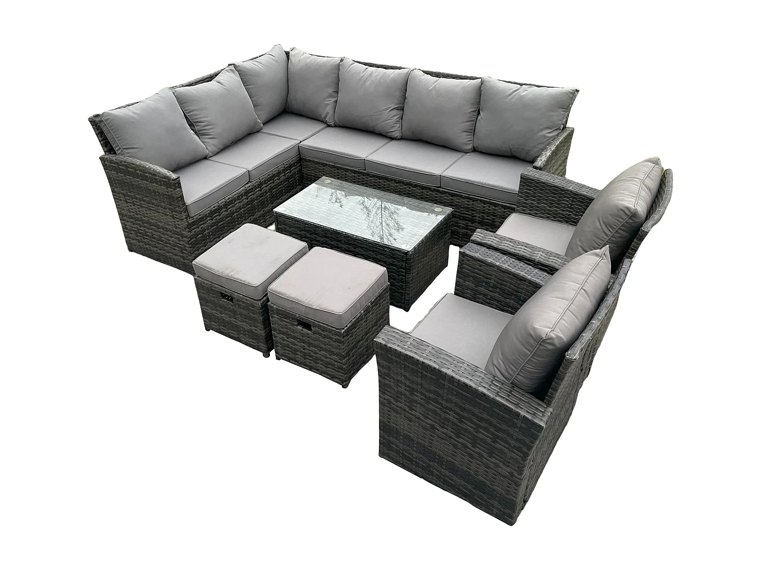 Fimous 10 Seater Rattan Lounge Corner Sofa Set Wicker PE Outdoor Garden Furniture Set with Coffee Table 2 Small Footstools 2 Armchair Dark Grey Mixed