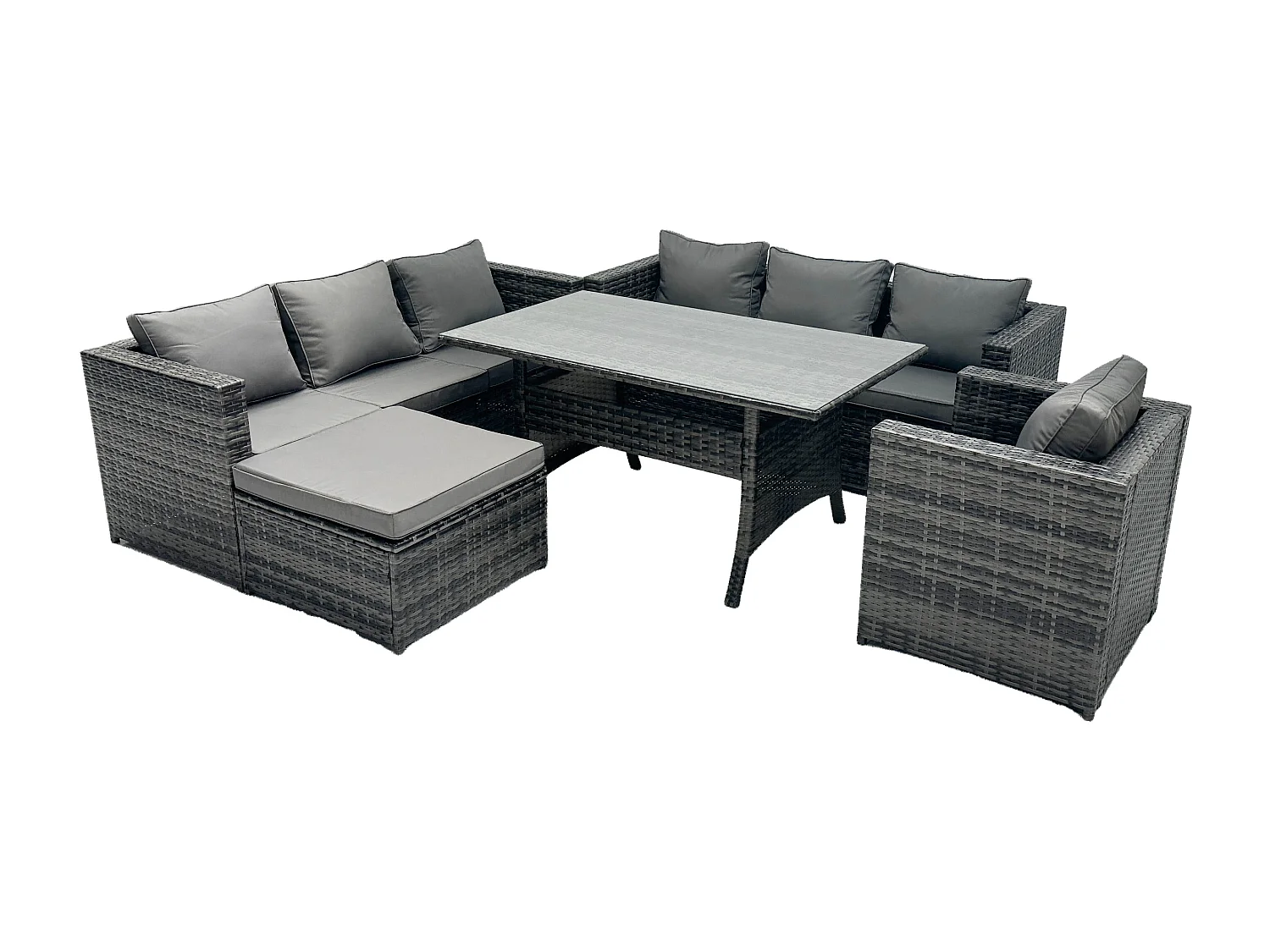 8 Sitzer Outdoor Gartenmöbel Set Terrassen Rattan Rechteckiger Esstisch Sessel mit Großer Fußhocker Dunkelgrau gemischt