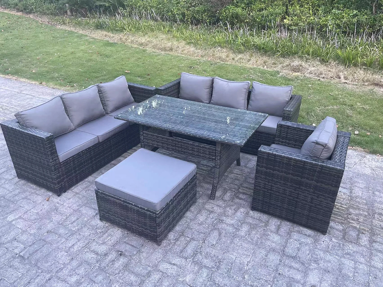 8 Sitzer Outdoor Gartenmöbel Set Terrassen Rattan Rechteckiger Esstisch Sessel mit Großer Fußhocker Dunkelgrau gemischt