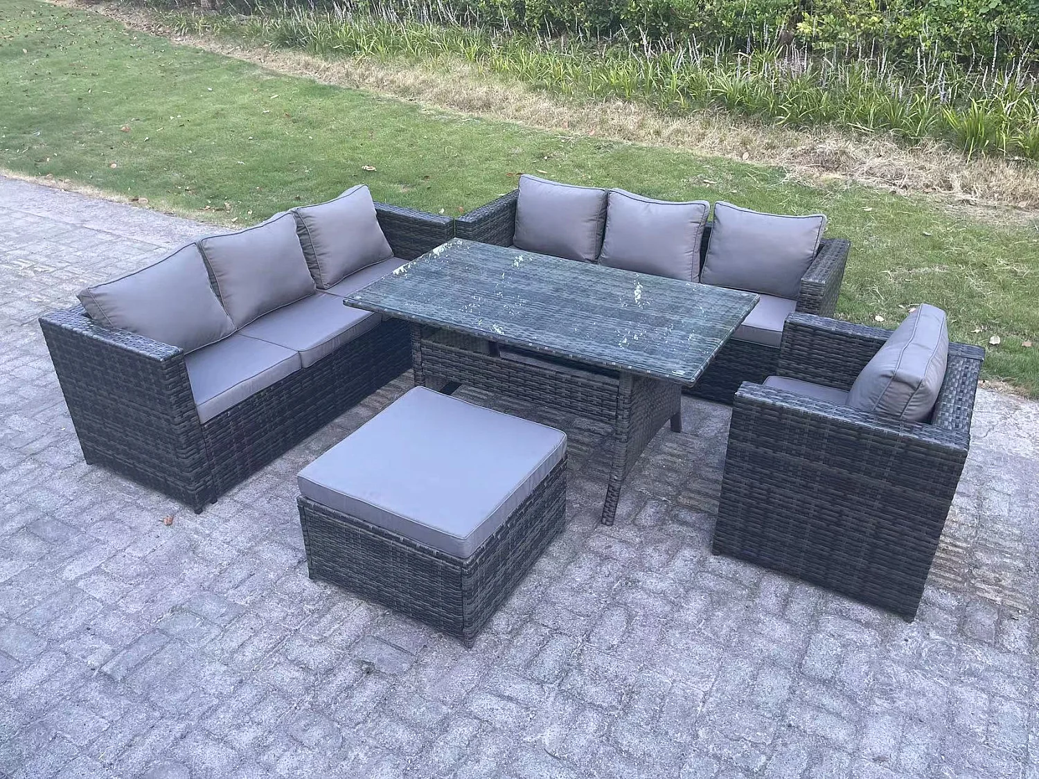 8 Sitzer Outdoor Gartenmöbel Set Terrassen Rattan Rechteckiger Esstisch Sessel mit Großer Fußhocker Dunkelgrau gemischt