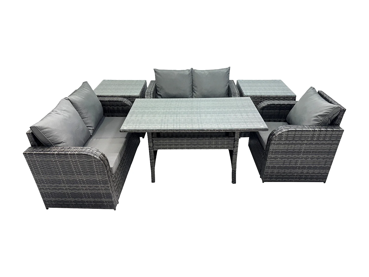Fimous Lounge Rattan Sofa Set Outdoor Garden Furniture Oblong Rectangular Dining Table With Chairs 2 Side Tables Dark Grey Mixed
