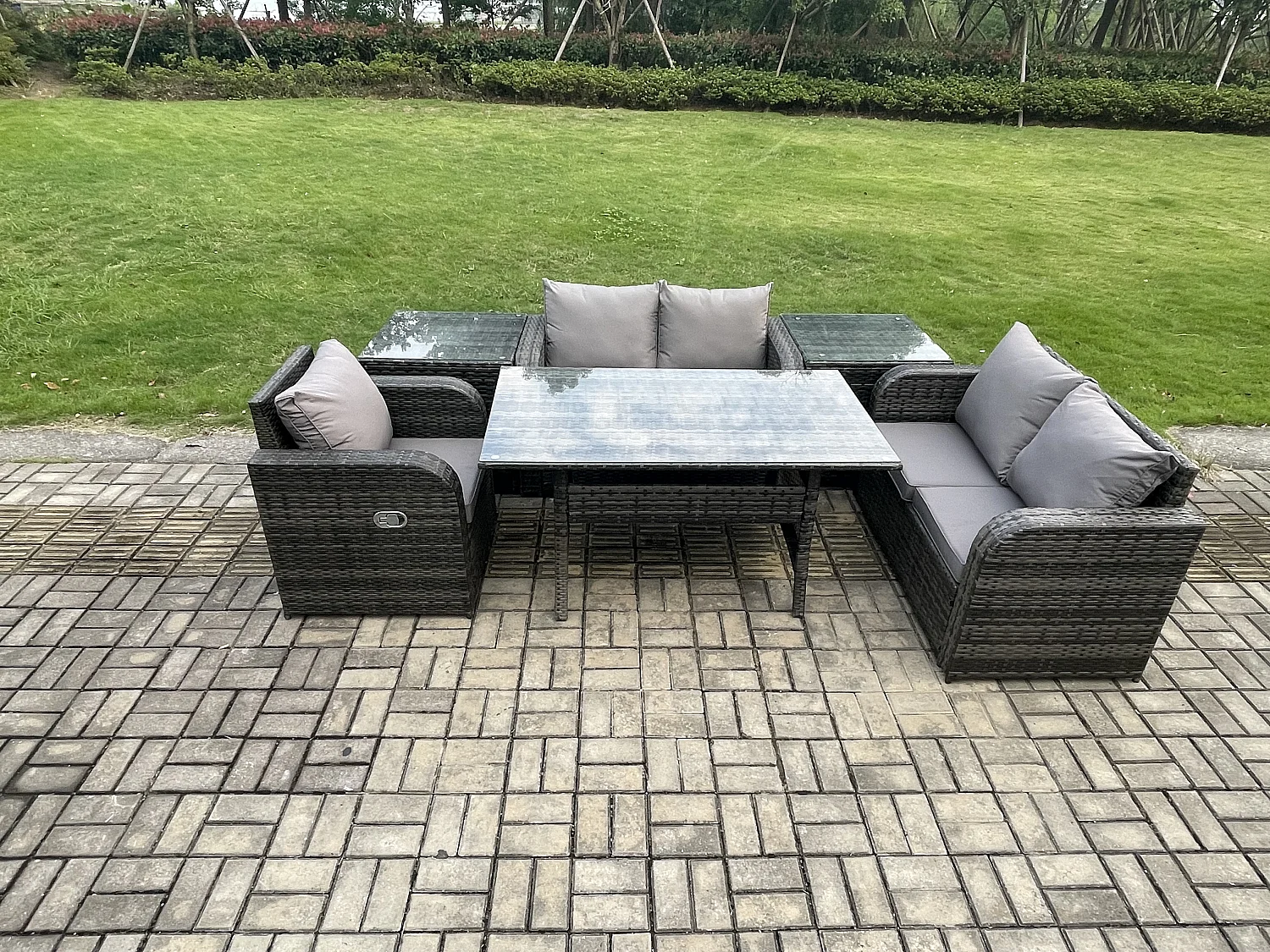 Fimous Lounge Rattan Sofa Set Outdoor Garden Furniture Oblong Rectangular Dining Table With Chairs 2 Side Tables Dark Grey Mixed
