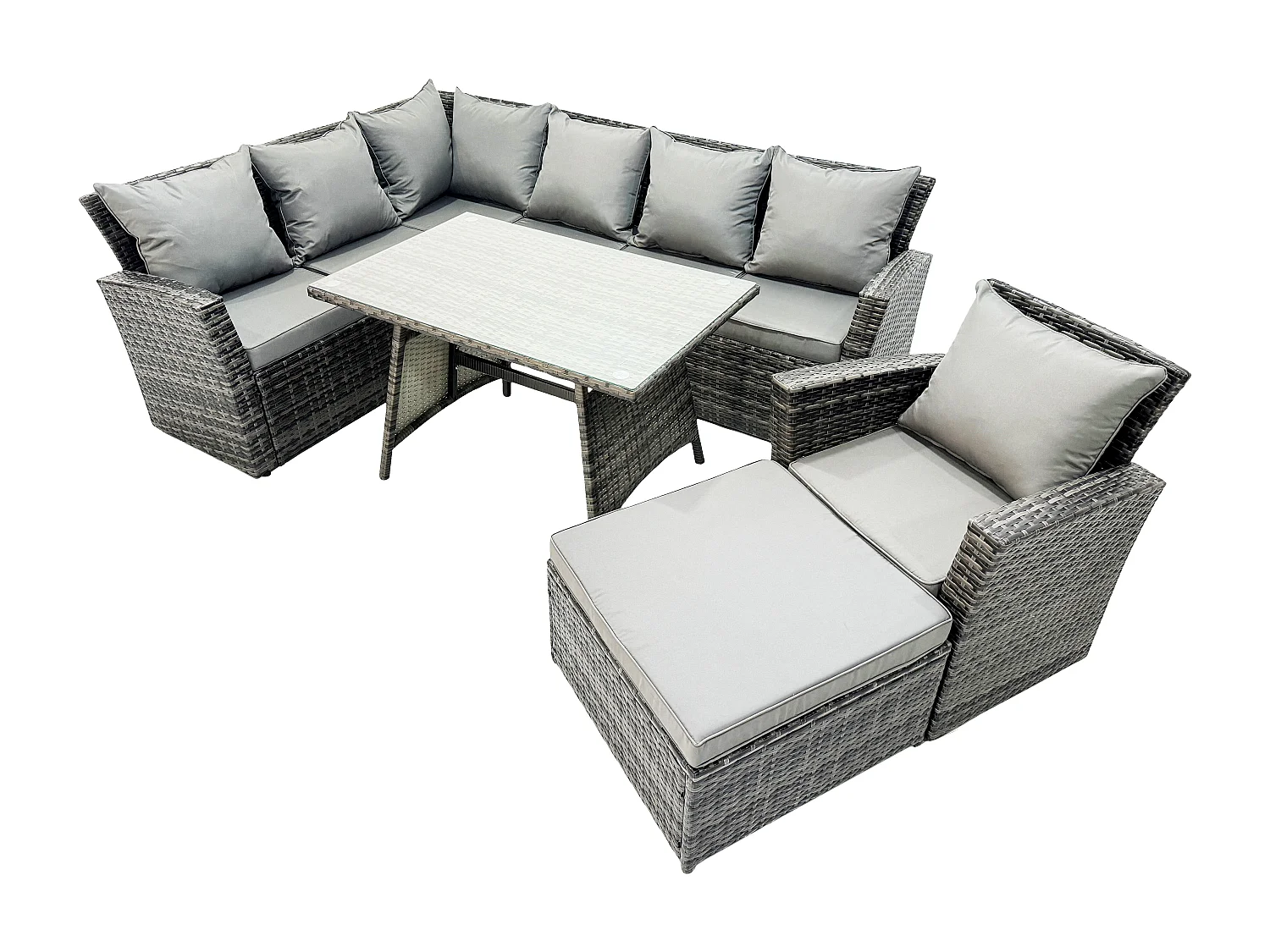 Fimous 8 Seater High Back Rattan Garden Furniture Set Corner Sofa With Oblong Dining Table Footstool With Arm Chair