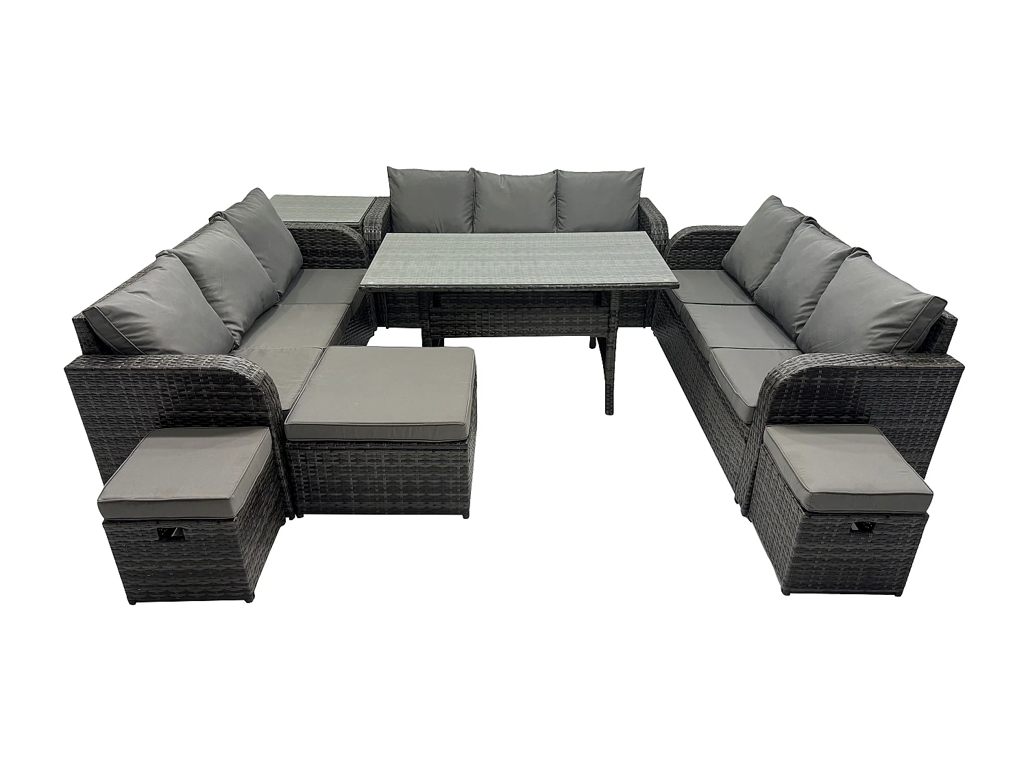 Fimous Rattan Garden Furniture Set with Oblong Rectangular Dining Table 3 Footstools Side Table 11 Seater Outdoor Lounge Sofa Set Dark Grey Mixed