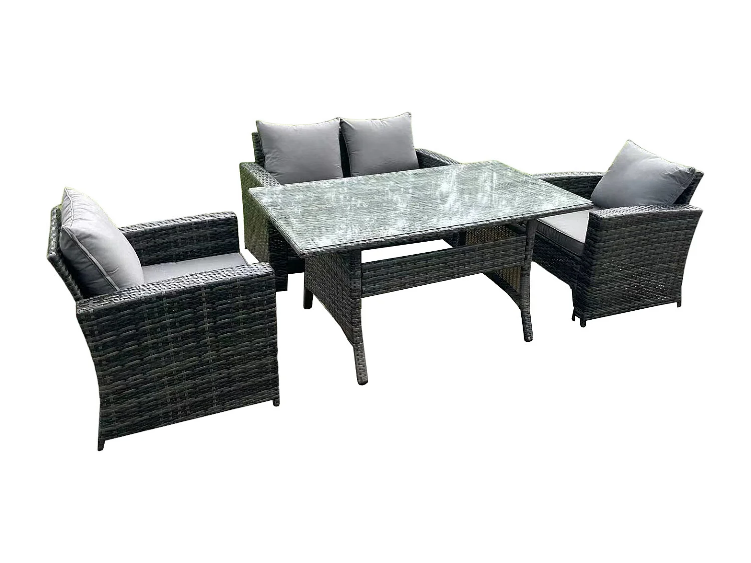 4 Sitzer Outdoor Dunkelgrau gemischt Hoher Rücken Rattan Sofa Esstisch Set Gartenmöbel mit Sesseln