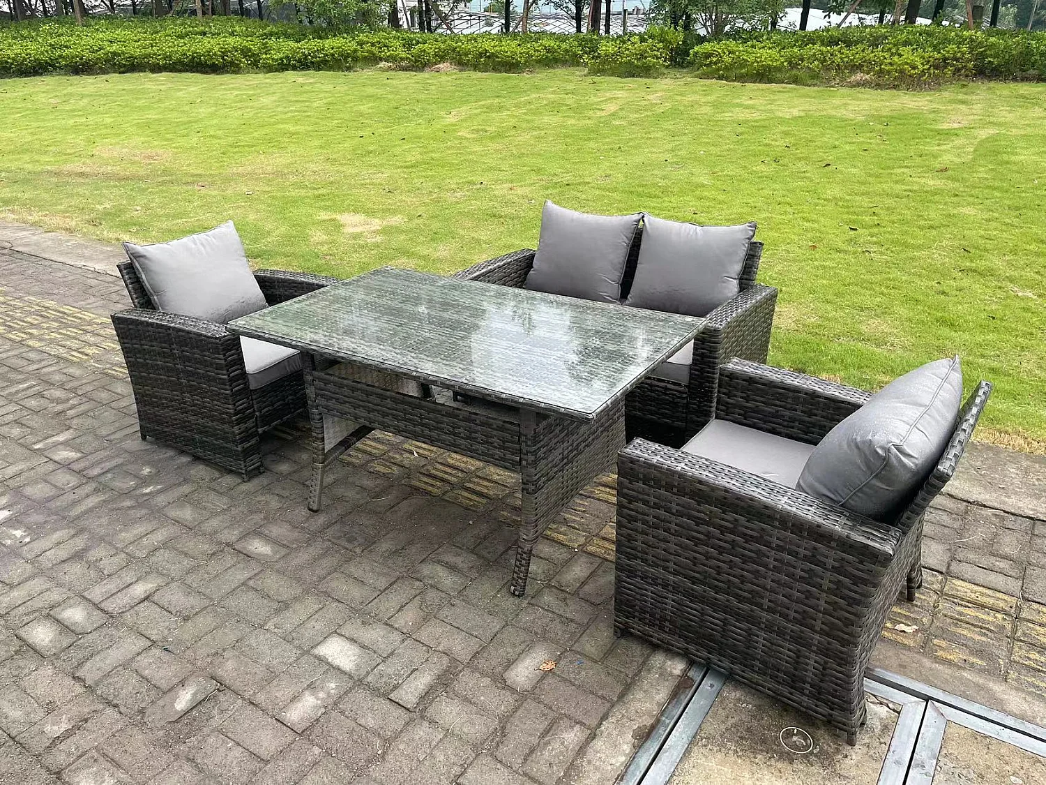 4 Sitzer Outdoor Dunkelgrau gemischt Hoher Rücken Rattan Sofa Esstisch Set Gartenmöbel mit Sesseln