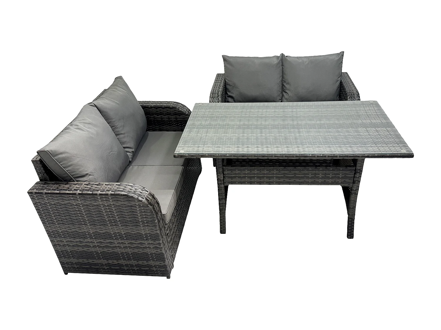 Dunkelgrau Polyrattan Gartenmöbel-Set Liebe Sofa 2 Sitzer Sofa Set Outdoor Rechteckiger Esstisch 4 Sitzer