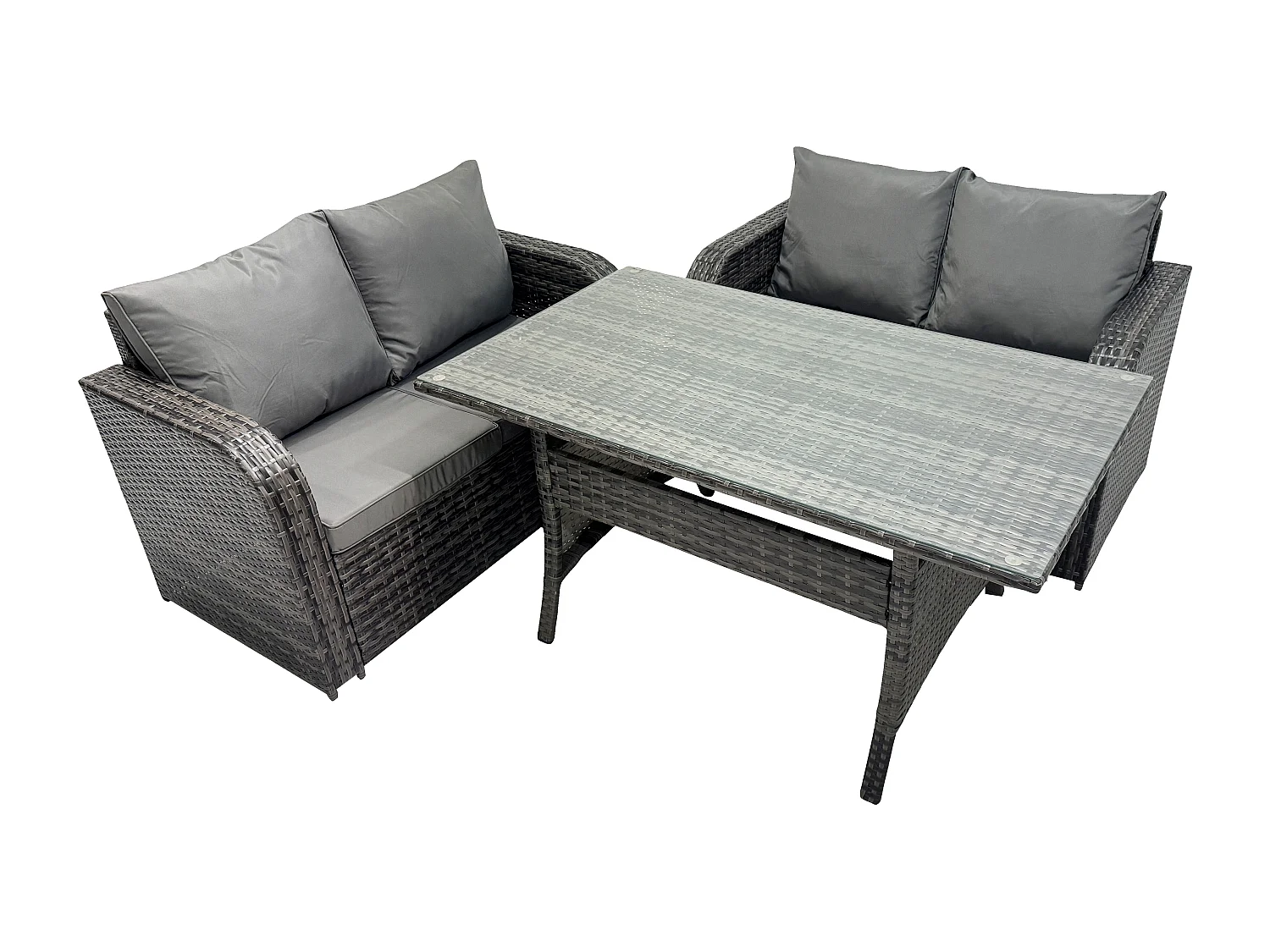 Dunkelgrau Polyrattan Gartenmöbel-Set Liebe Sofa 2 Sitzer Sofa Set Outdoor Rechteckiger Esstisch 4 Sitzer