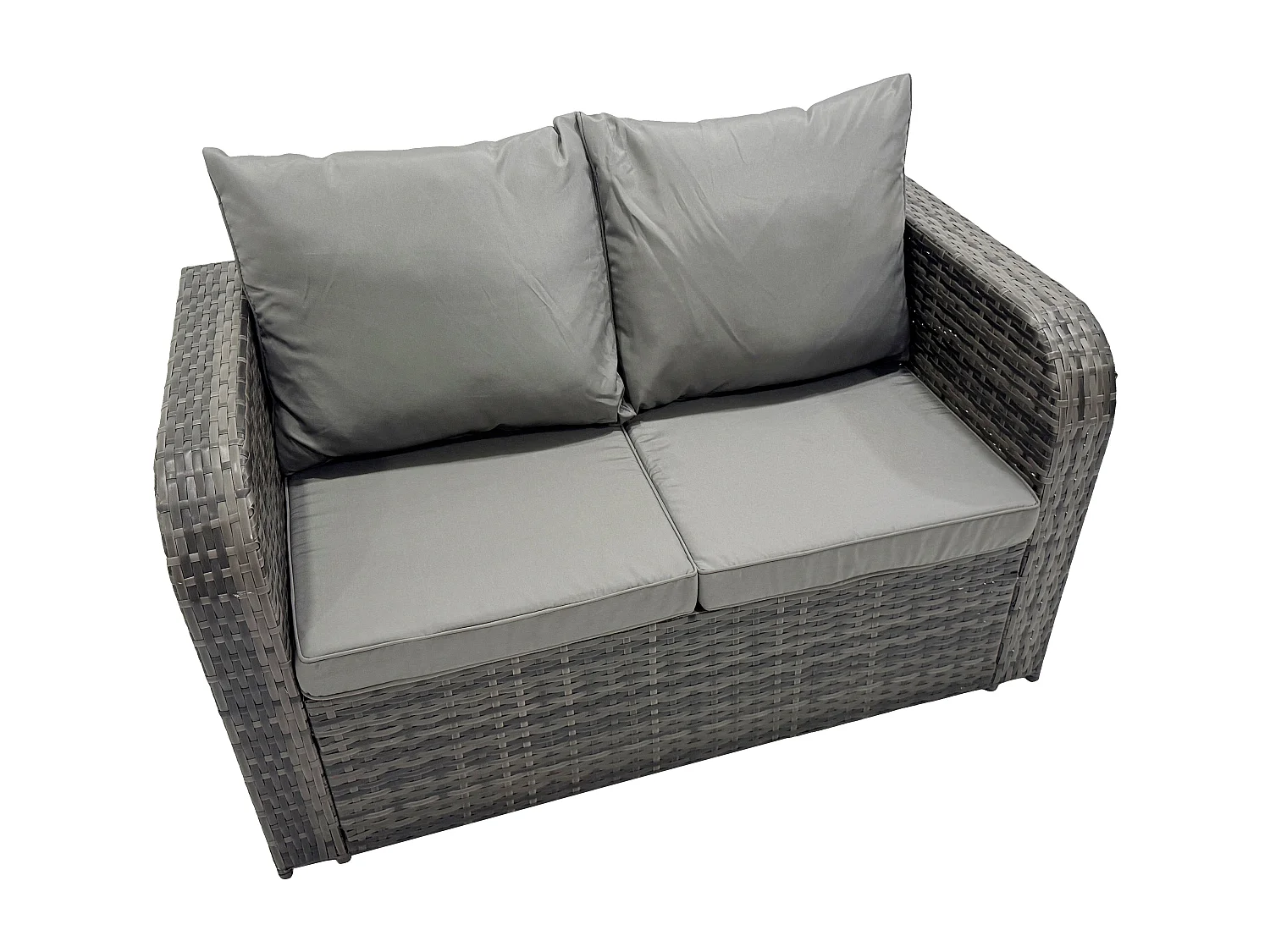 Dunkelgrau Polyrattan Gartenmöbel-Set Liebe Sofa 2 Sitzer Sofa Set Outdoor Rechteckiger Esstisch 4 Sitzer