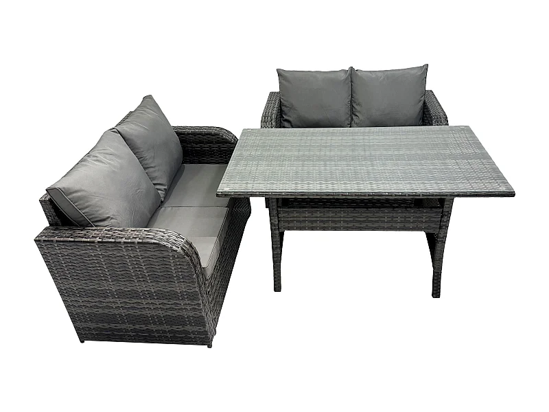 Dunkelgrau Polyrattan Gartenmöbel-Set Liebe Sofa 2 Sitzer Sofa Set Outdoor Rechteckiger Esstisch 4 Sitzer