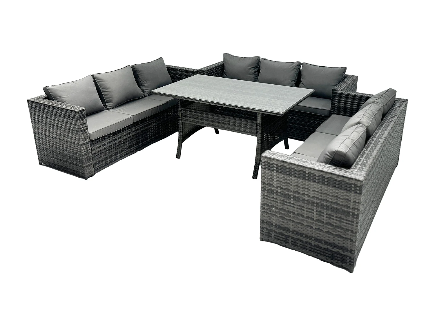 Fimous 9 Seater Outdoor Wicker Garden Furniture Rattan Lounge Sofa Set Patio Rectangular Dining Table Three Seater Sofa Dark Grey Mixed