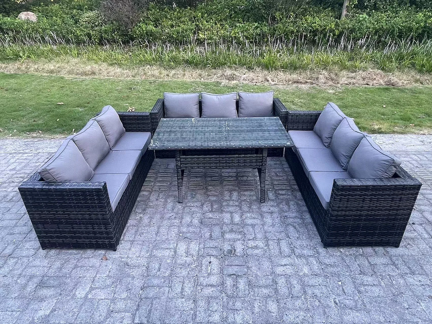 Fimous 9 Seater Outdoor Wicker Garden Furniture Rattan Lounge Sofa Set Patio Rectangular Dining Table Three Seater Sofa Dark Grey Mixed