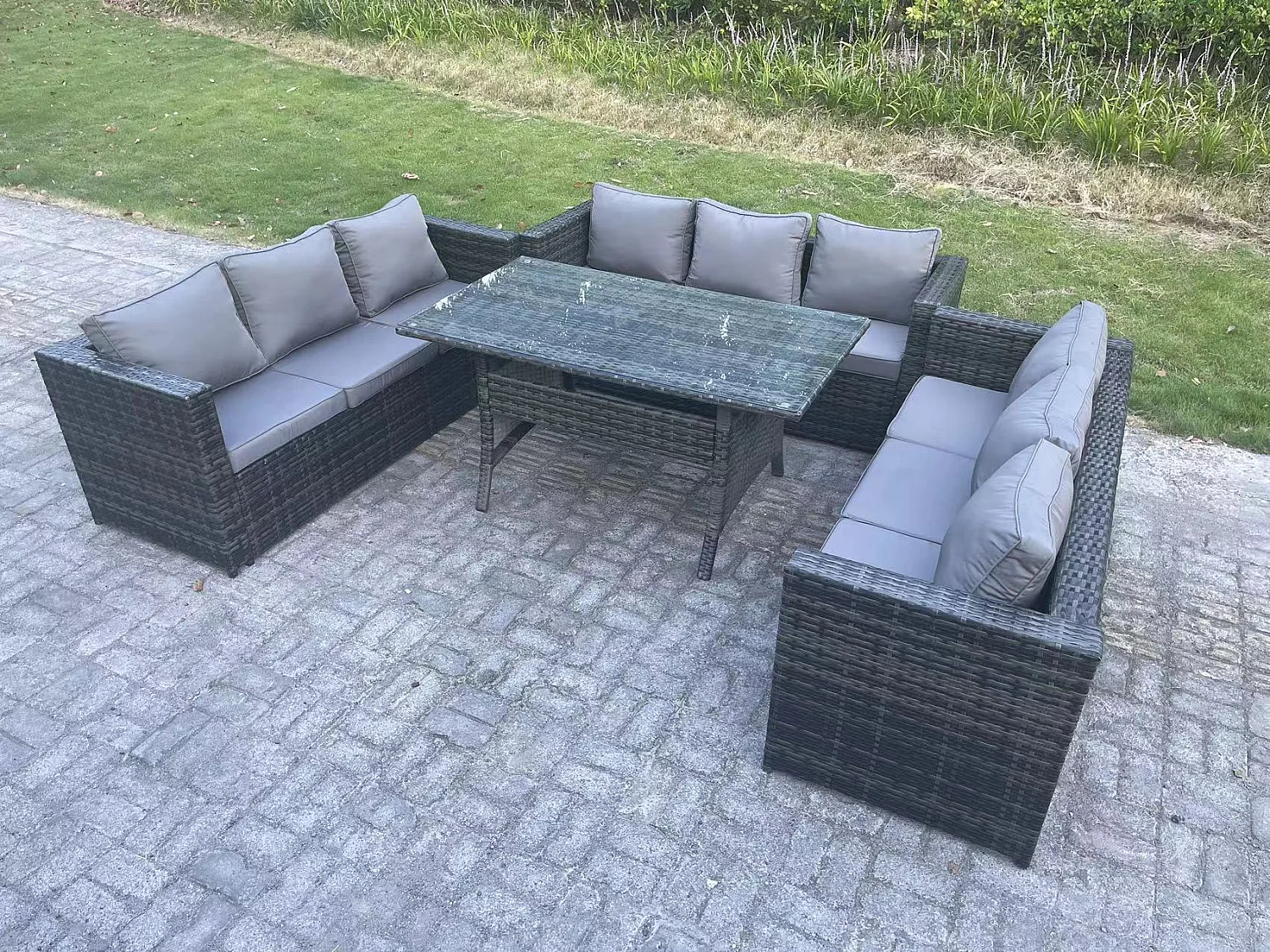 Fimous 9 Seater Outdoor Wicker Garden Furniture Rattan Lounge Sofa Set Patio Rectangular Dining Table Three Seater Sofa Dark Grey Mixed