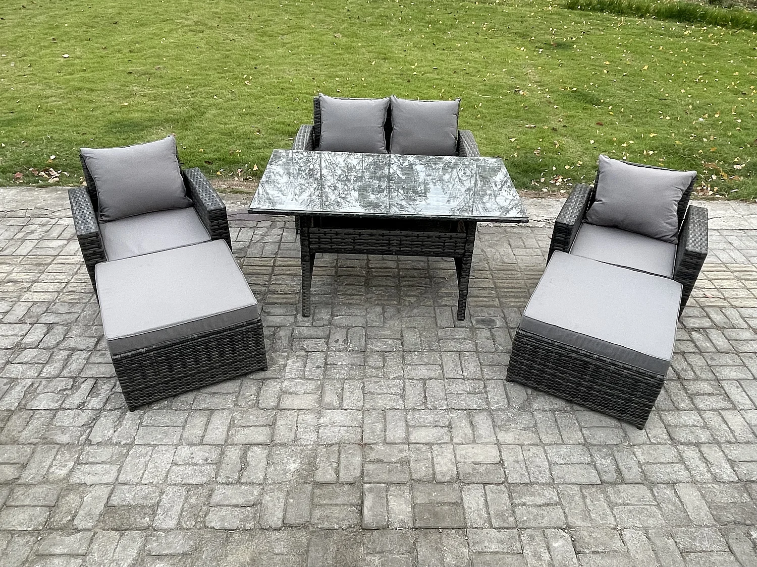 6 Sitzer Hoher Rücken Gartengartenmöbel Rattan Sofa Esstisch Set mit Sesseln 2 Großer Hockern Dunkelgrau gemischt