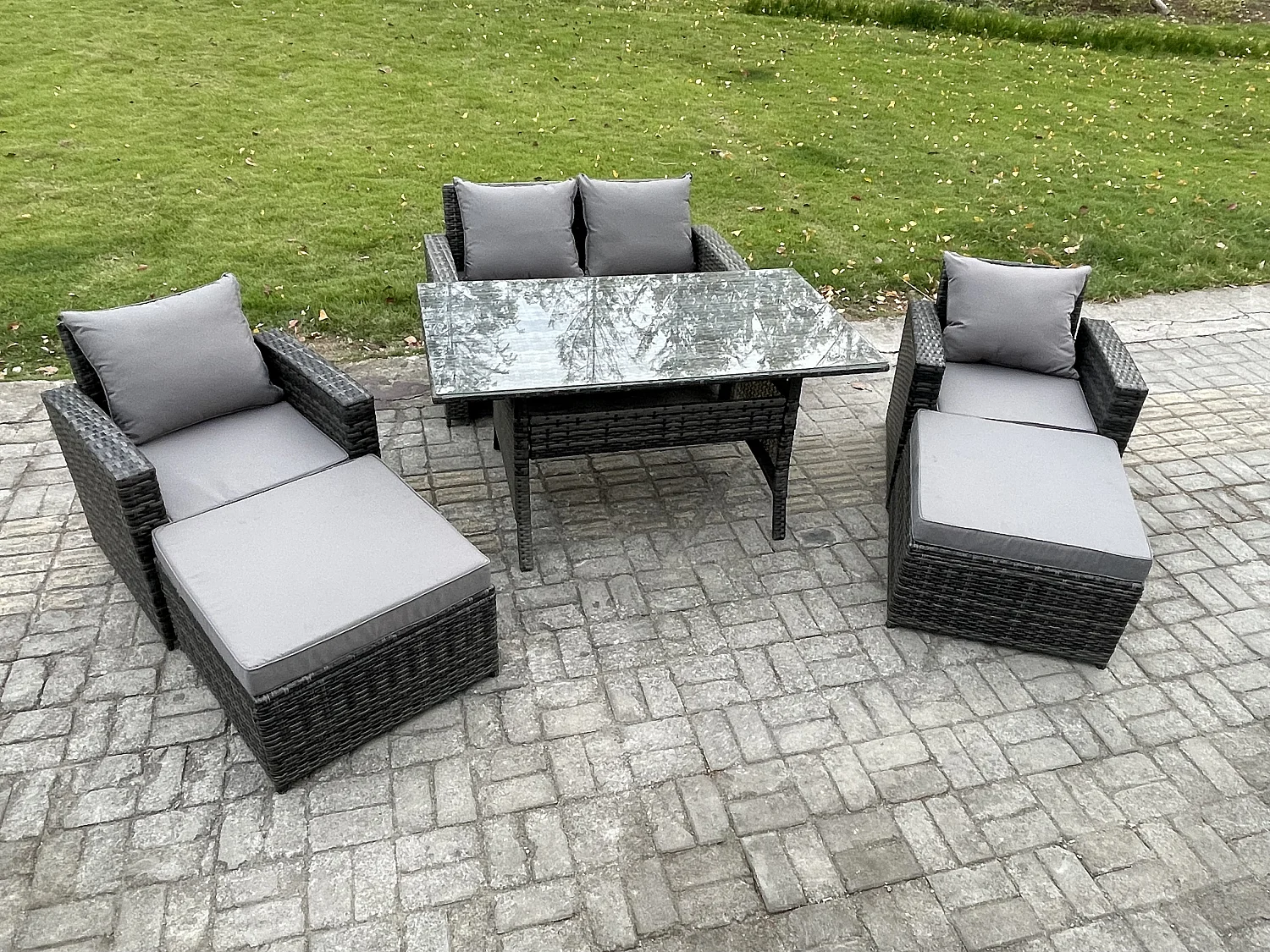 6 Sitzer Hoher Rücken Gartengartenmöbel Rattan Sofa Esstisch Set mit Sesseln 2 Großer Hockern Dunkelgrau gemischt