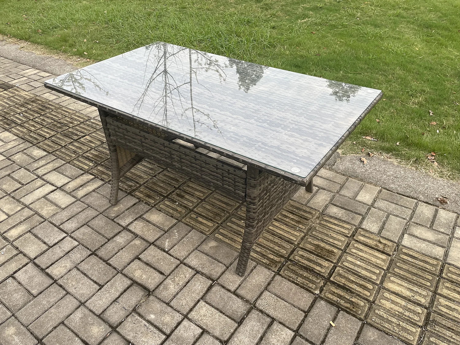 6 Sitzer Hoher Rücken Gartengartenmöbel Rattan Sofa Esstisch Set mit Sesseln 2 Großer Hockern Dunkelgrau gemischt