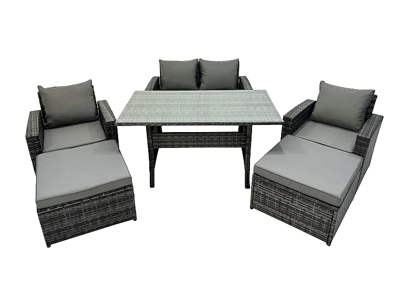 6 Sitzer Hoher Rücken Gartengartenmöbel Rattan Sofa Esstisch Set mit Sesseln 2 Großer Hockern Dunkelgrau gemischt