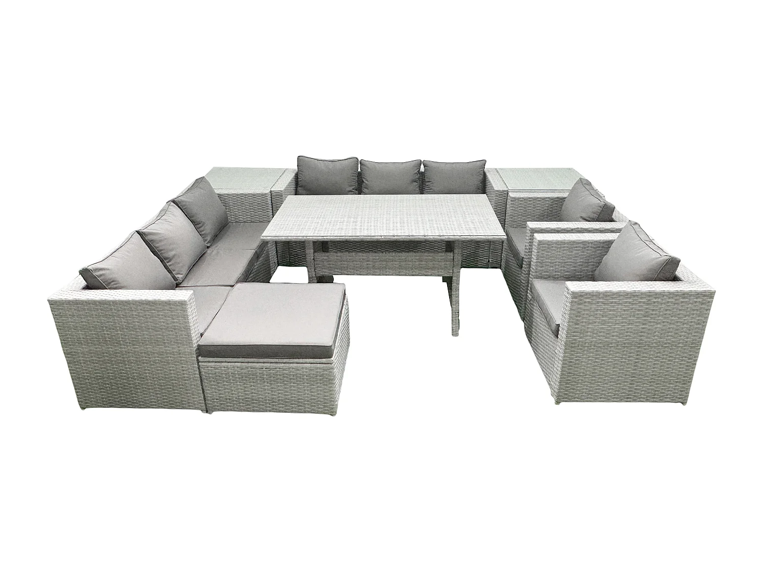 Fimous Rattan Garden Furniture Set Outdoor 8 Seater Patio Dinin g Sofa Sets with Dining Table 2 Chairs 2 Side Tables Big Footstool Light Grey Mixed