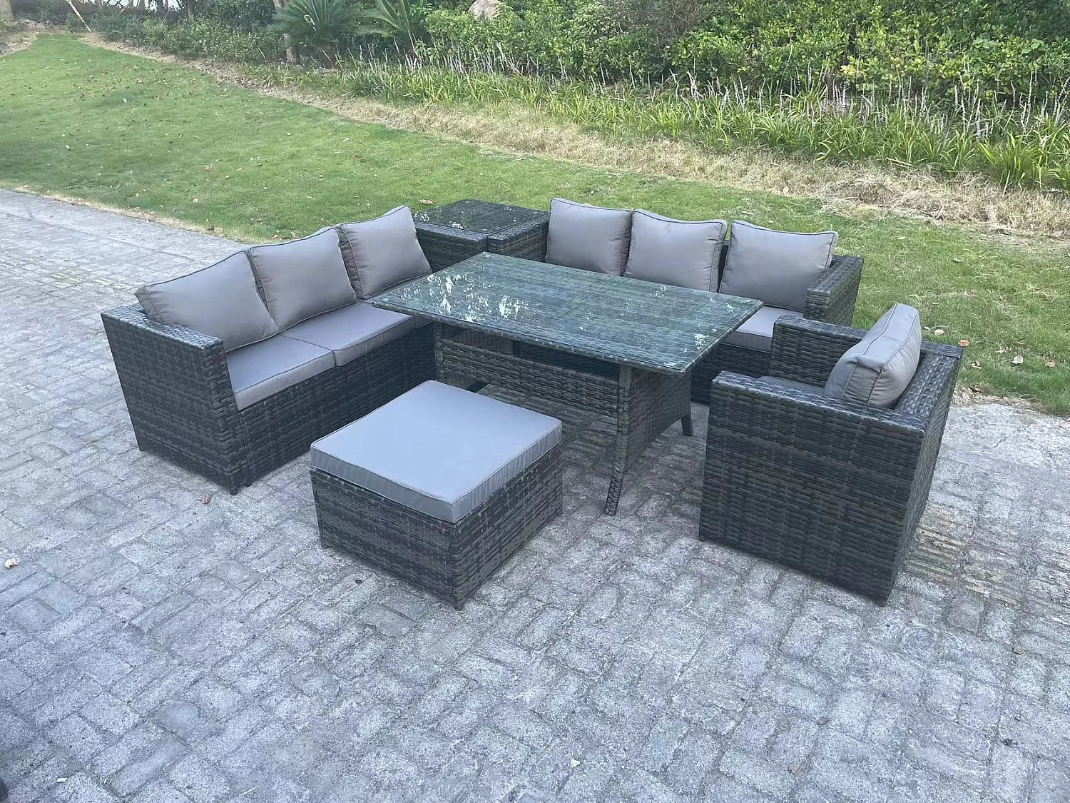 Fimous 8 Seater Outdoor Lounge Sofa Garden Furniture Set Patio Chair Rattan Rectangular Dining Table with Side Table Big Footstool Dark Grey Mixed