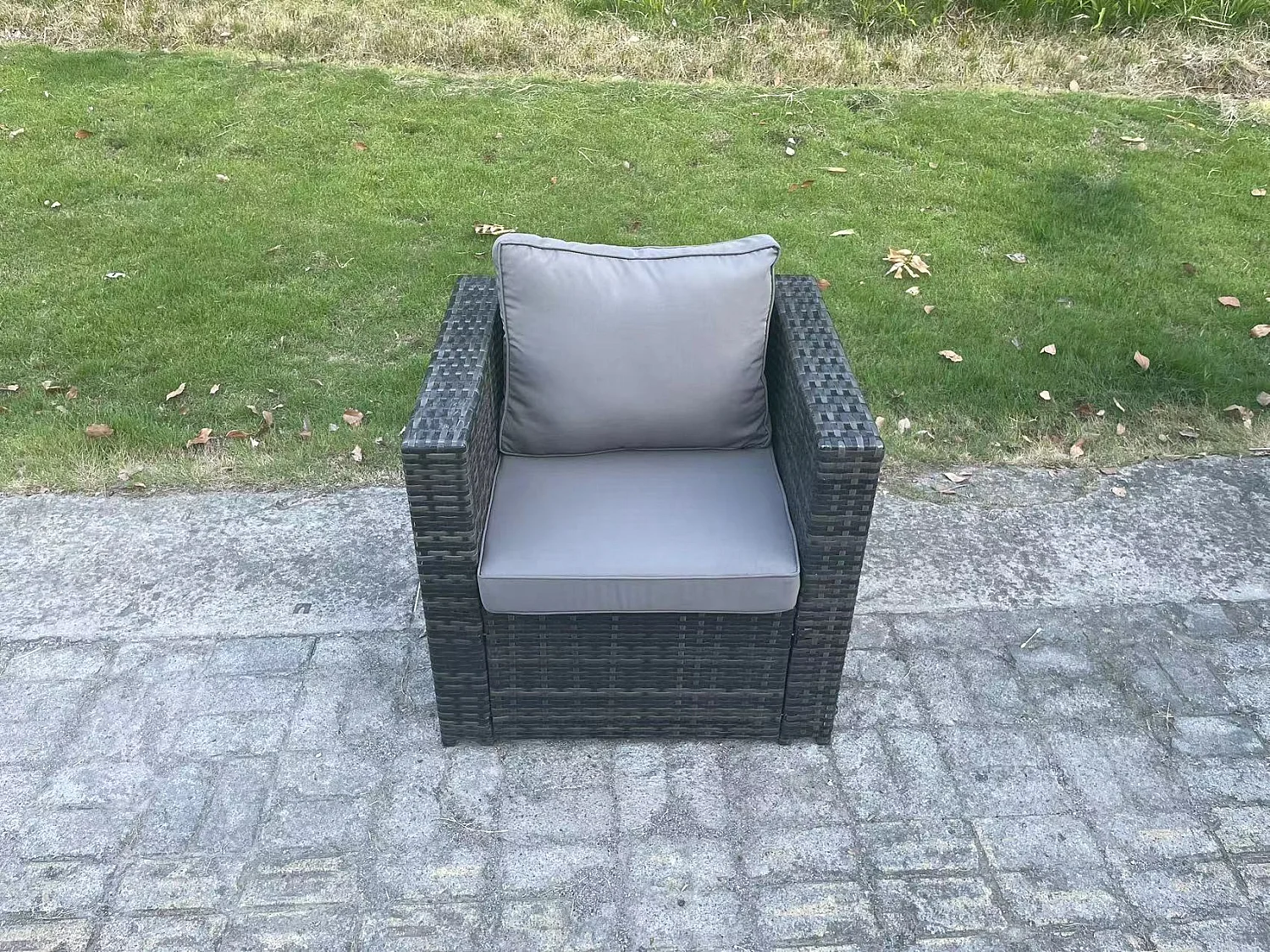 Fimous 8 Seater Outdoor Lounge Sofa Garden Furniture Set Patio Chair Rattan Rectangular Dining Table with Side Table Big Footstool Dark Grey Mixed
