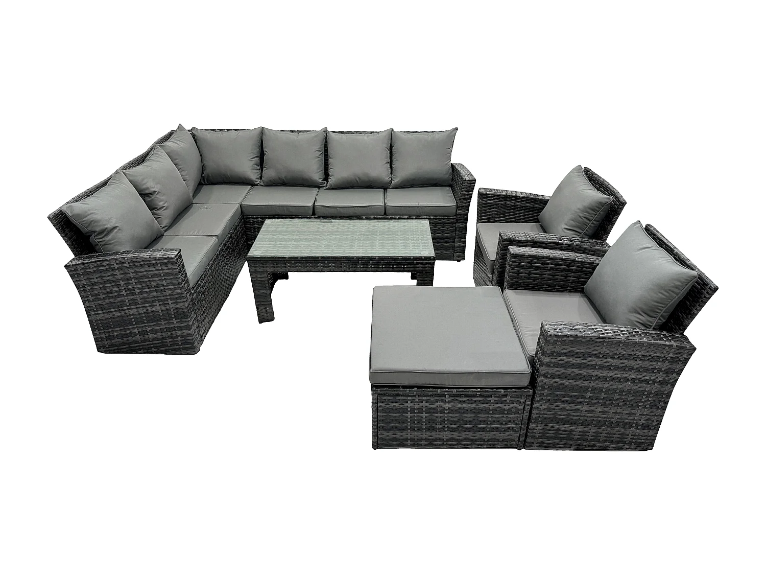 Fimous Outdoor Furniture Garden Dining Set Rattan Corner Sofa Set with 2 Armchairs Big Footstool Dark Grey Mixed