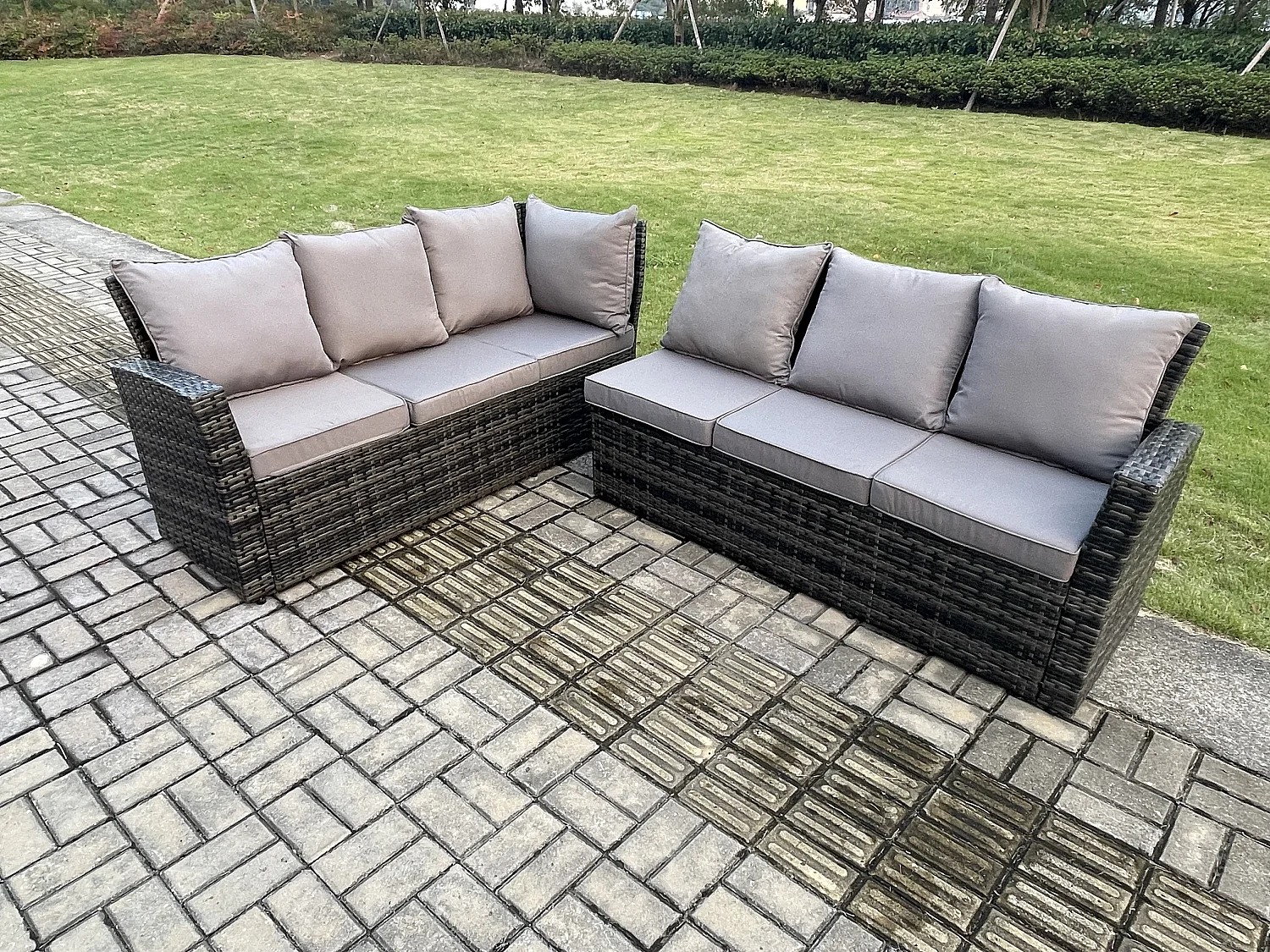 Fimous Outdoor Furniture Garden Dining Set Rattan Corner Sofa Set with 2 Armchairs Big Footstool Dark Grey Mixed
