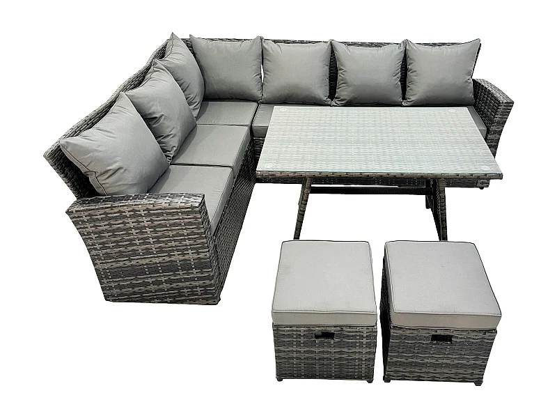 Hoher Rücken Rattan Ecksofa Set Esstisch Gartenmöbel Dunkelgrau gemischt Linke Option