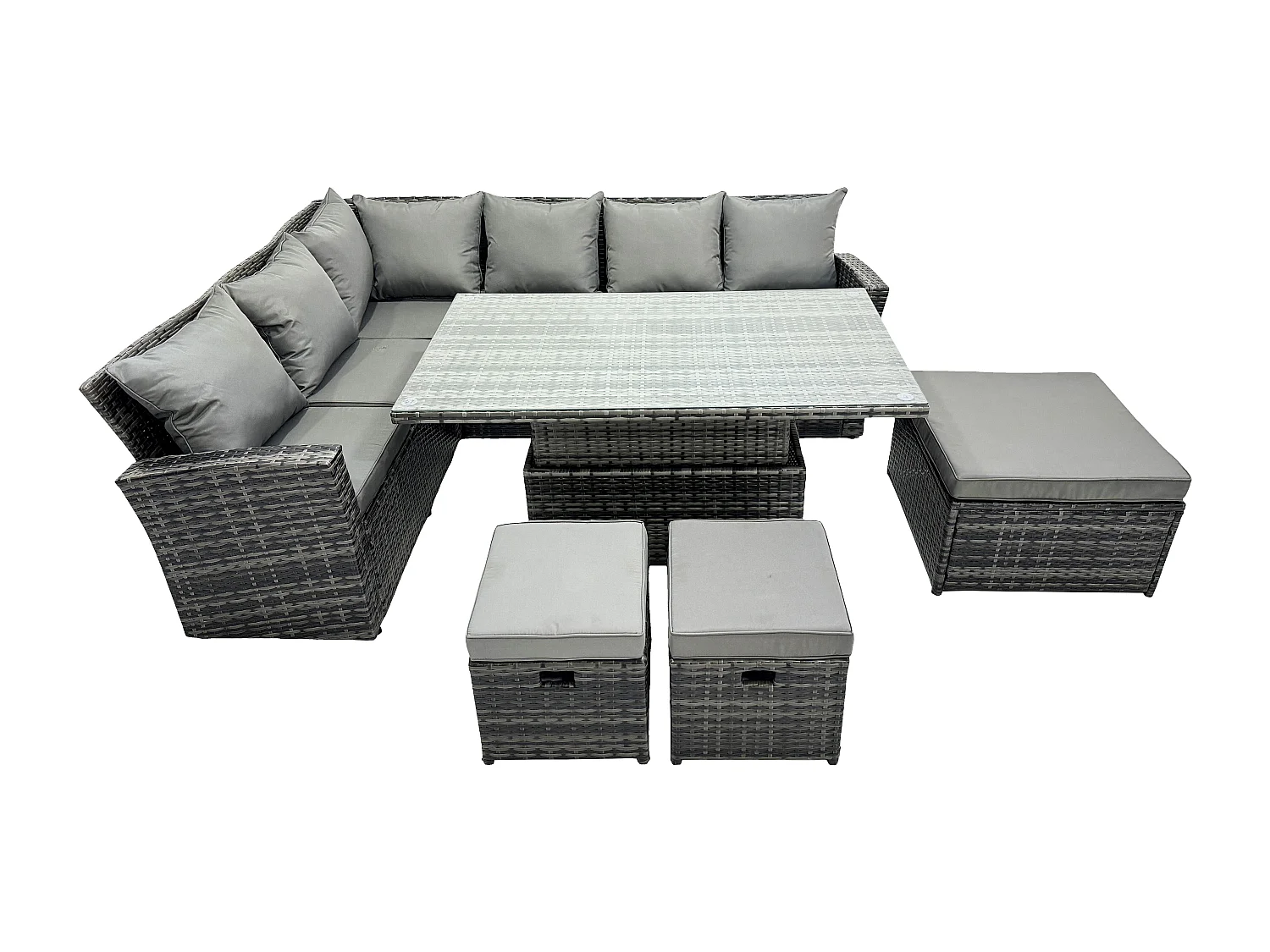 Fimous 9 Seater High Back Outdoor Rattan Adjustable Rising Lifting Dining Table Corner Sofa Set Garden Furniture Footstools Dark Grey Mixed Left Hand