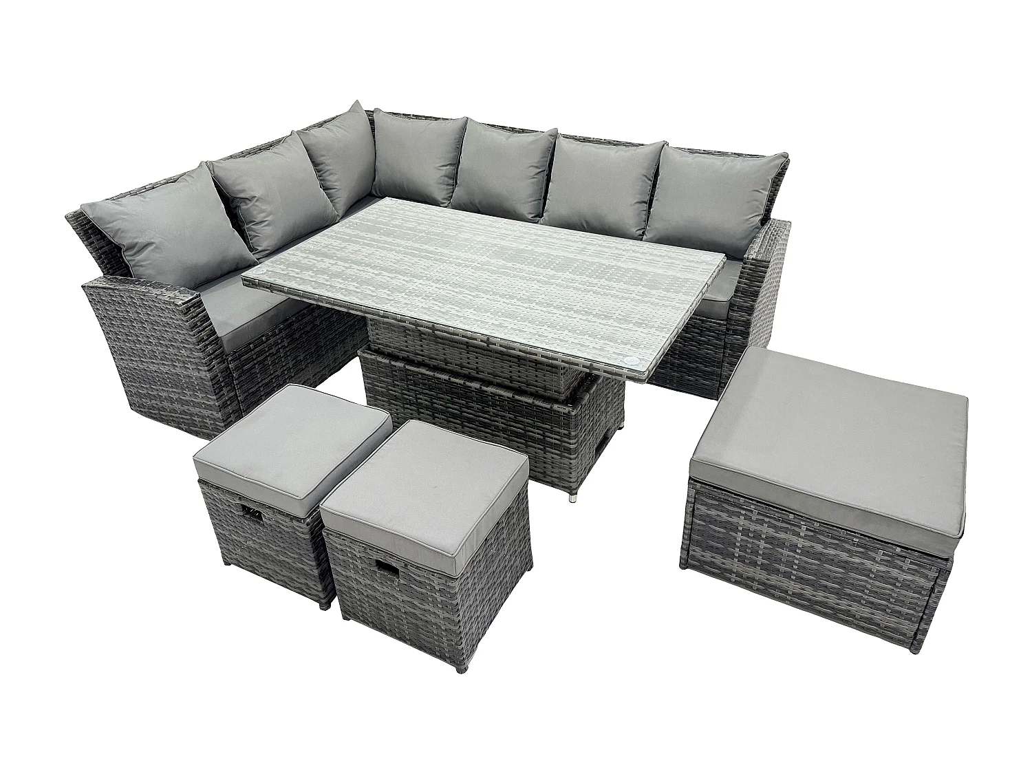 Fimous 9 Seater High Back Outdoor Rattan Adjustable Rising Lifting Dining Table Corner Sofa Set Garden Furniture Footstools Dark Grey Mixed Left Hand