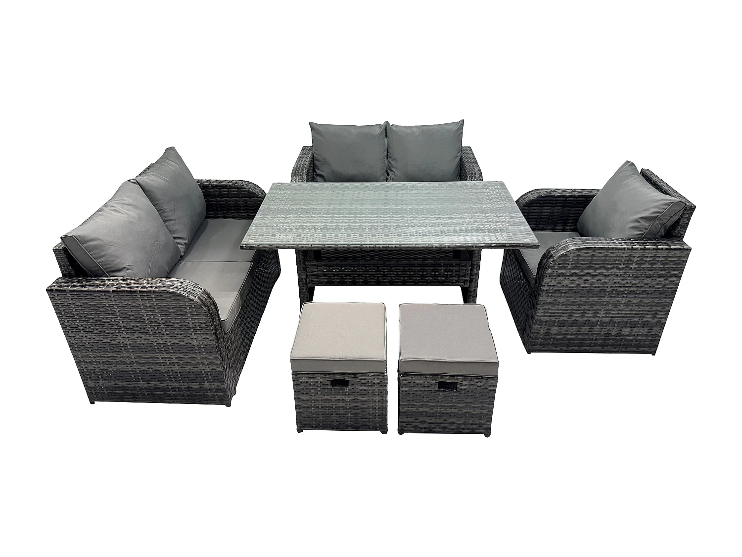 7 Sitzer Rattan Garten Sofa Set Gartenmöbel Langer Rechteckiger Esstisch mit Sesseln Hockern Dunkelgrau gemischt