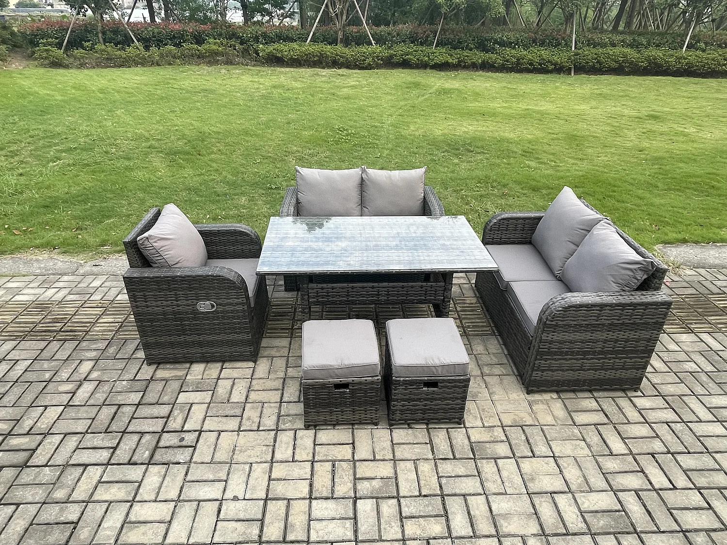 7 Sitzer Rattan Garten Sofa Set Gartenmöbel Langer Rechteckiger Esstisch mit Sesseln Hockern Dunkelgrau gemischt
