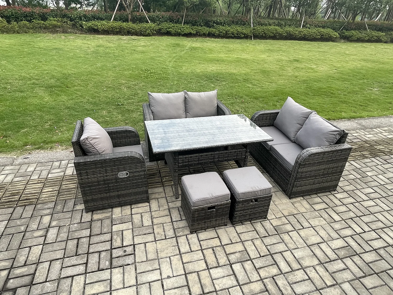 7 Sitzer Rattan Garten Sofa Set Gartenmöbel Langer Rechteckiger Esstisch mit Sesseln Hockern Dunkelgrau gemischt