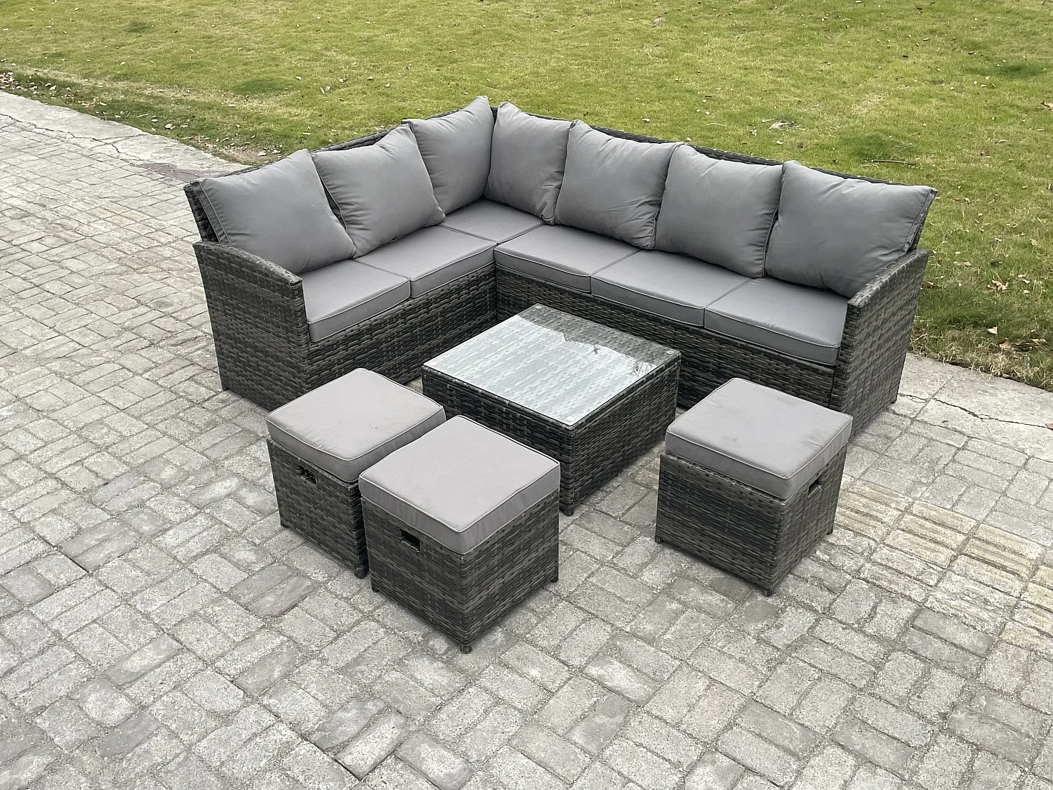9 Sitzer Rattan Gartenmöbel Set Ecksofa Set aus Polyrattan mit Quadratischer Couchtisch 3 Fußhockern Dunkelgrau gemischt